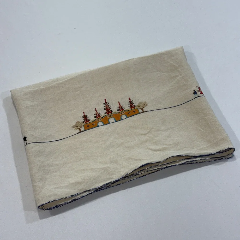 Vintage Pagoda Cross Stitch Linen Table Cloth Beige Hand Embroidered Chinoiserie
